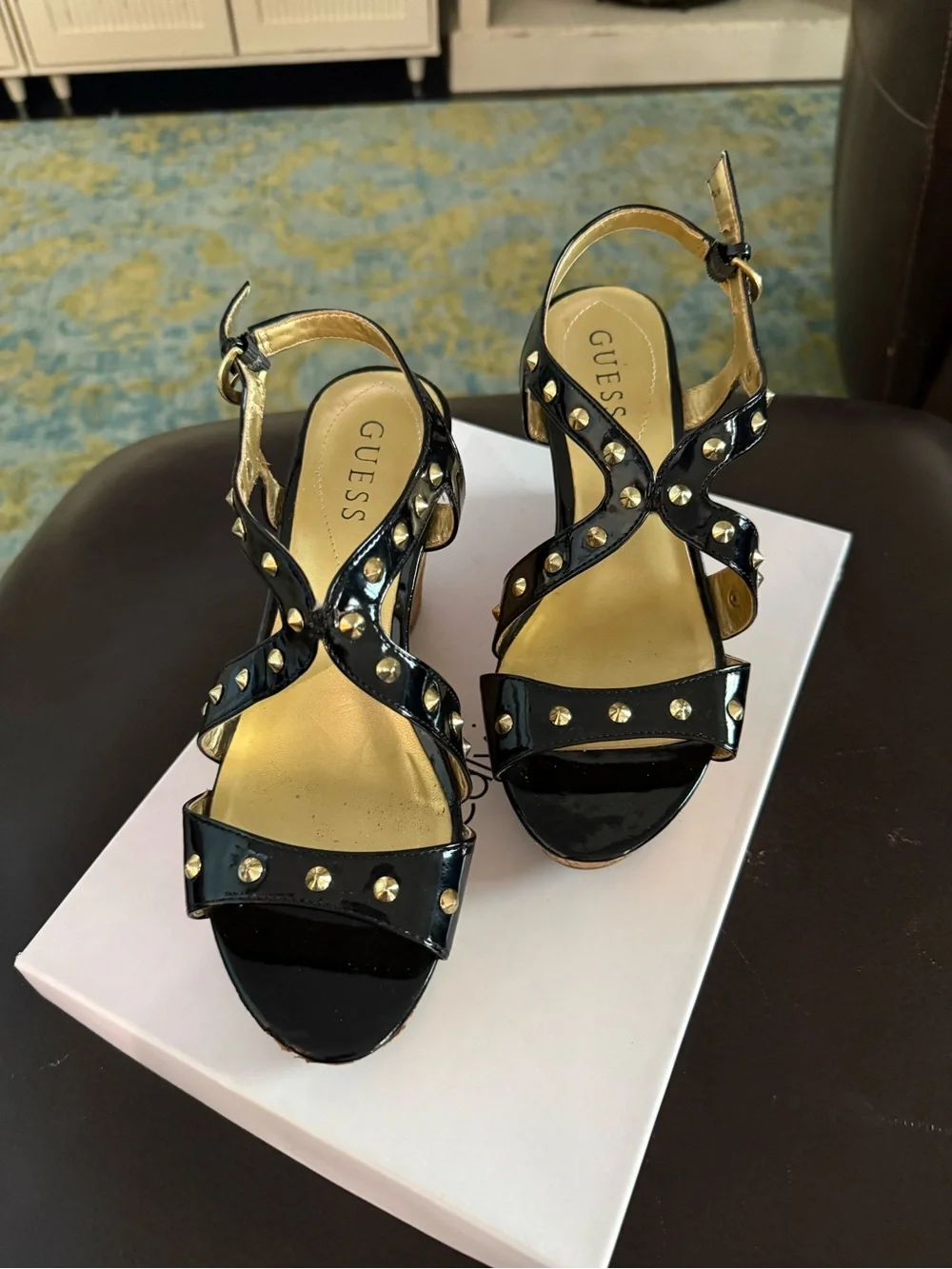 Guess Black Patent Studded Cork Wedge Sandals